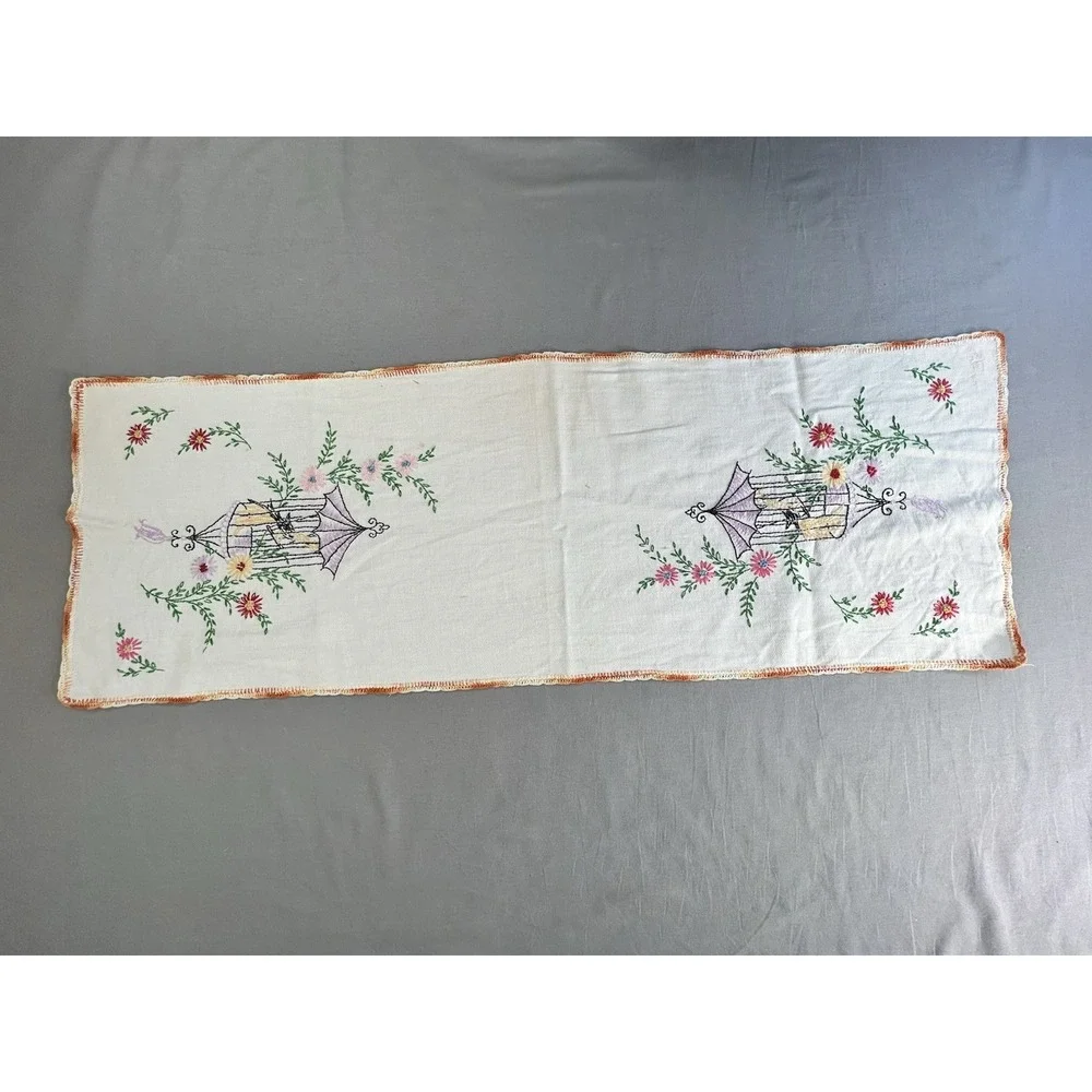 Vintage Cotton Table Runner Hand Towel Embroidered Birdcage Has Flaws 36.25